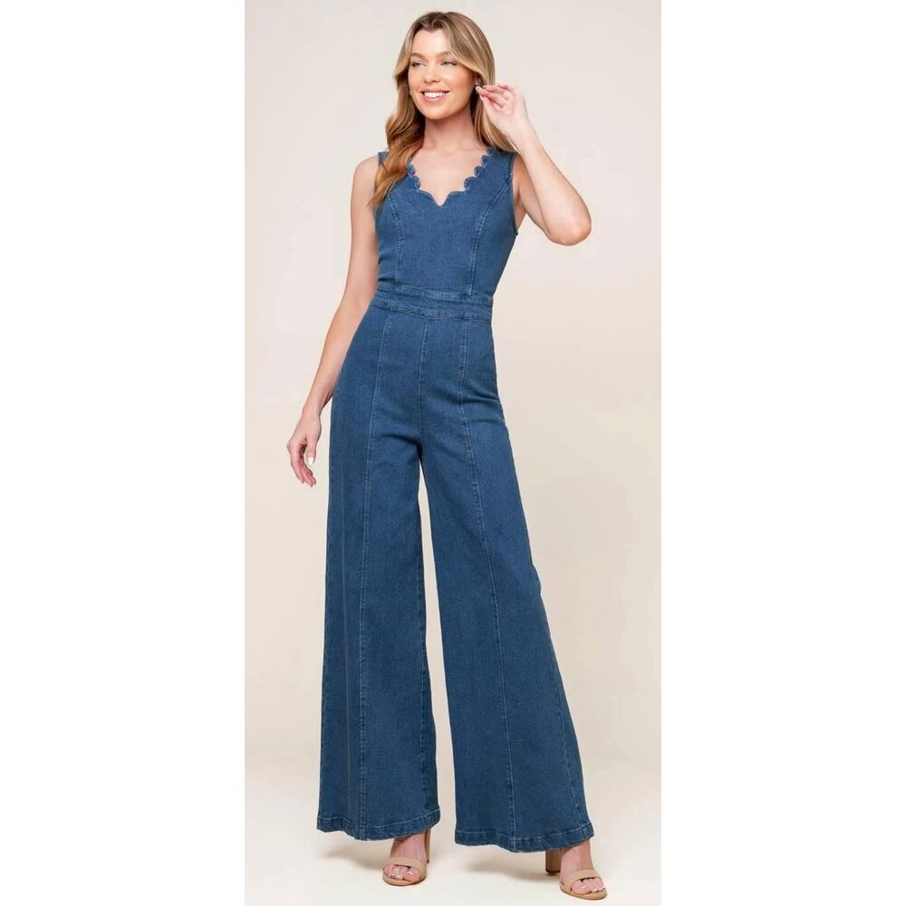 Unique Vintage Denim Scalloped V-Neck Wide Leg Jumpsuit - Blue